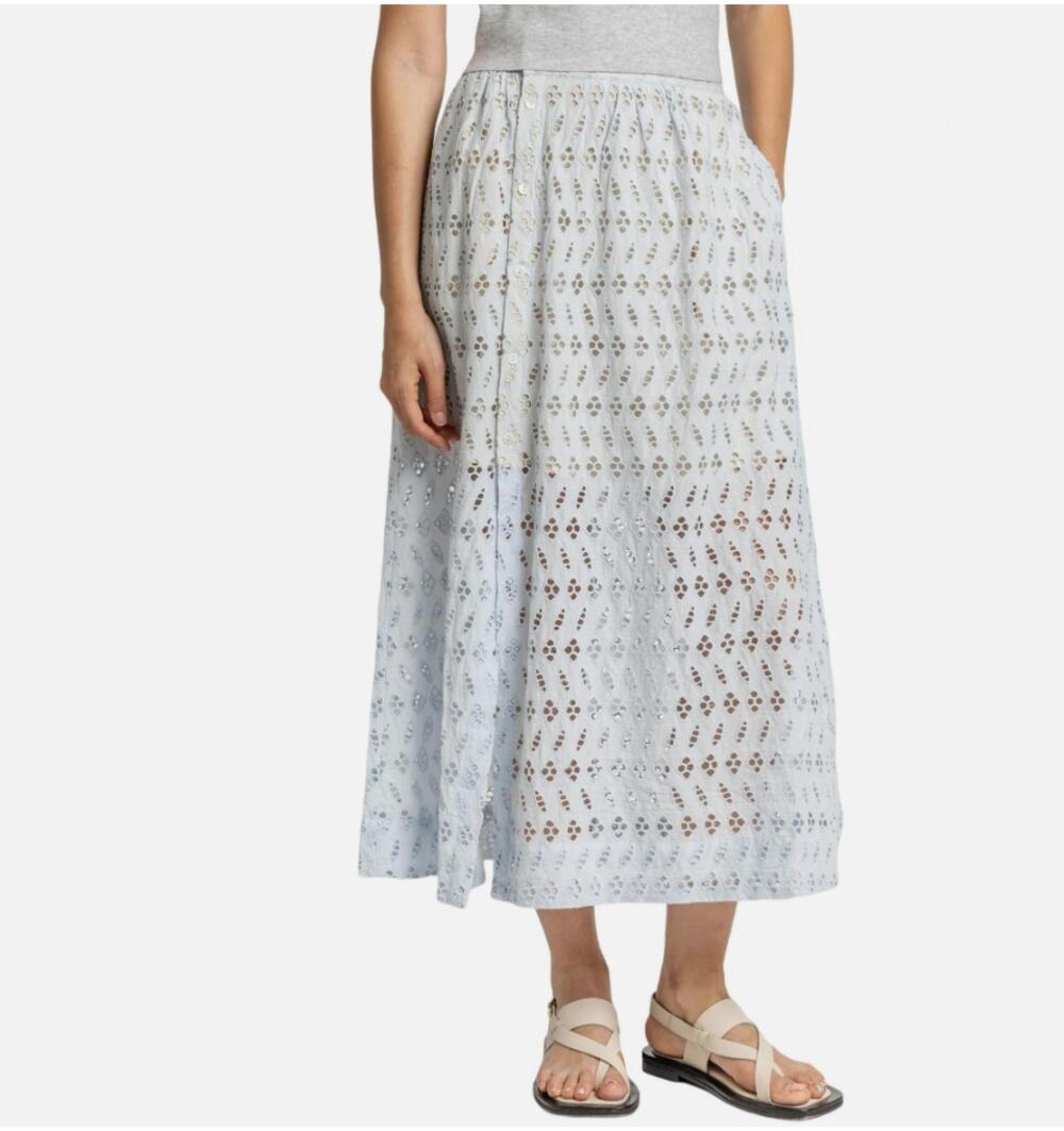 Lilla P Blue Eyelet Lace Side Button Cotton Midi Skirt NEW Small Coastal Cowgirl